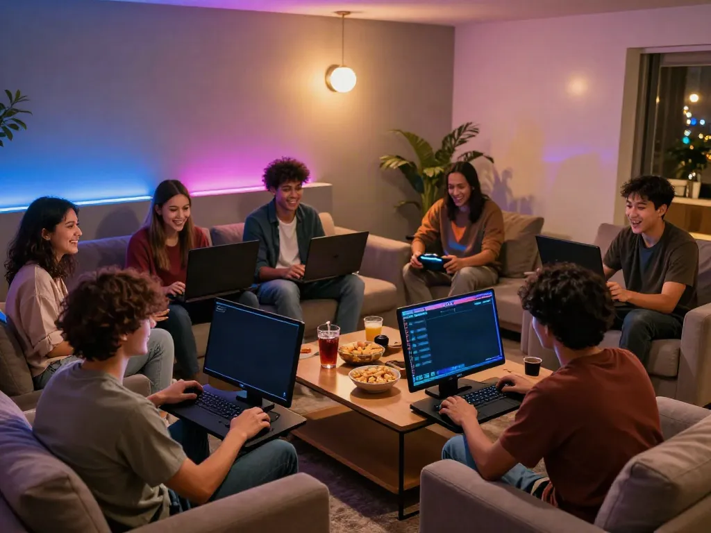 Group of friends playing luxury12 slot on smartphones in a cozy gaming lounge.