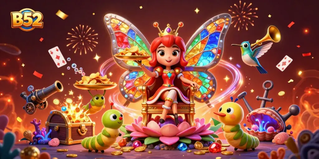 B52 gaming scene featuring a whimsical butterfly queen and casino treasures.