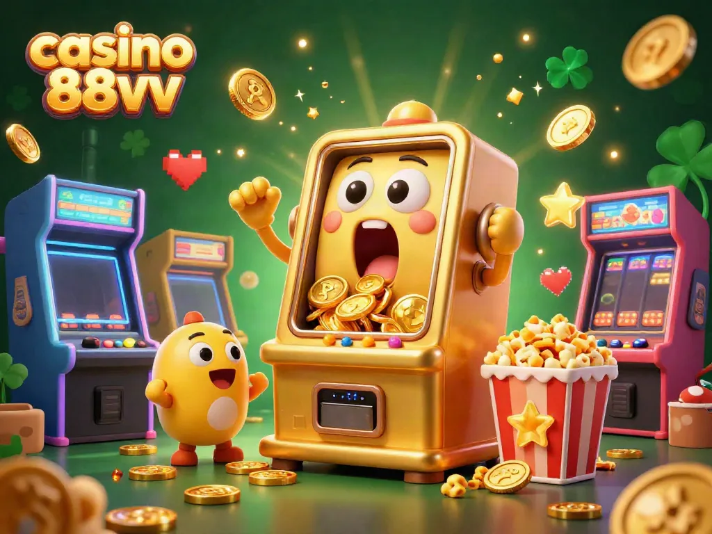 Jackpot celebration at casino 88vv with a golden slot machine and cheering mini slot machines.