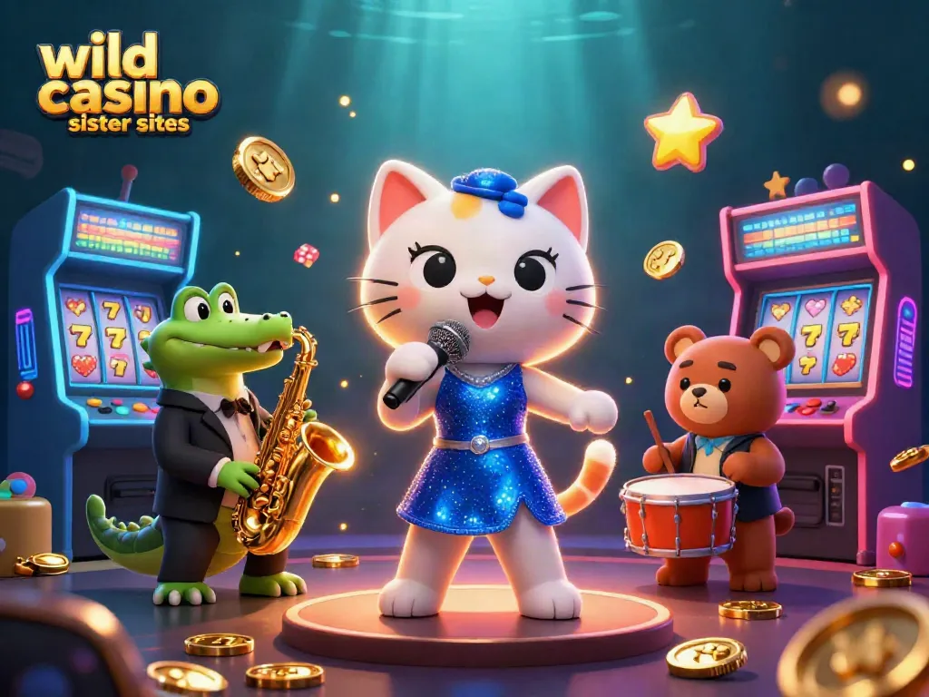 Exciting illustration of wild casino sister sites featuring a jazz-singer cat, saxophonist crocodile, and drummer bear surrounded by slot reels.