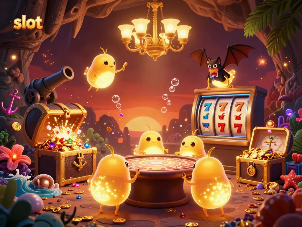 Slots casino scene with vibrant glowworms and a bat dealer showcasing slot reels and treasure chests.