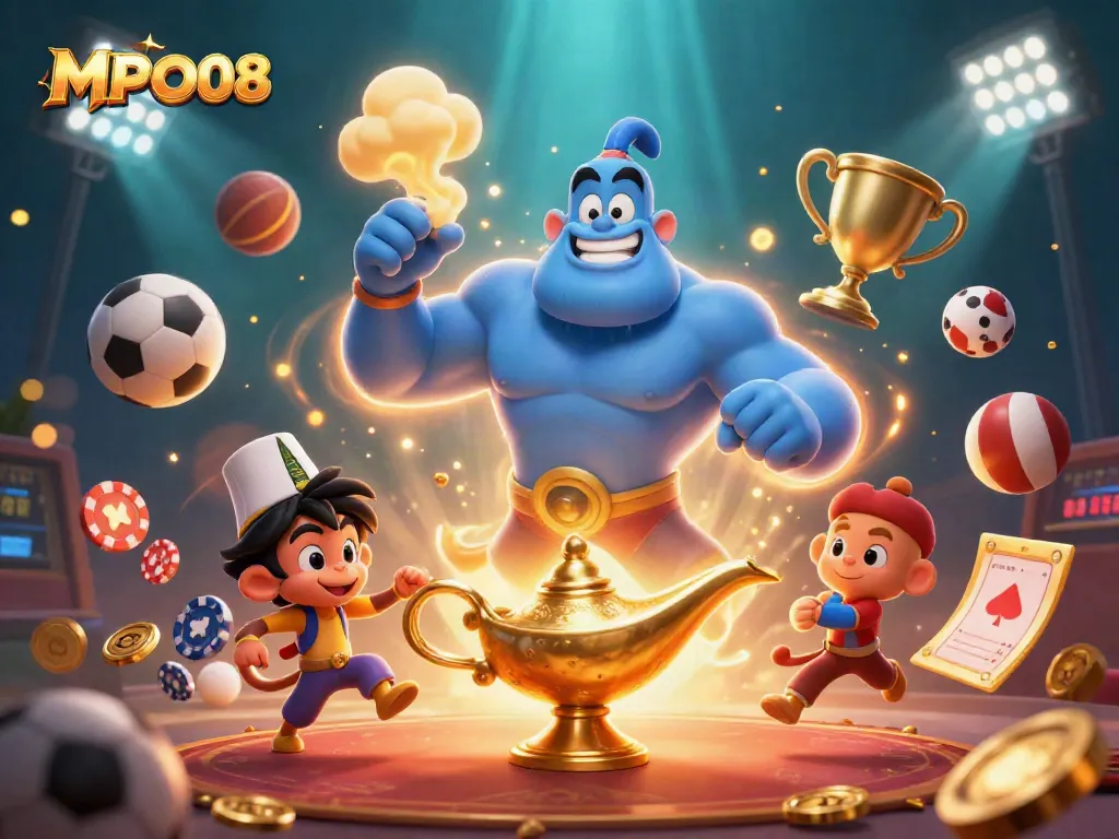 MPO08 brings thrilling casino excitement with a genie, flying magic carpet, and dynamic sports elements.