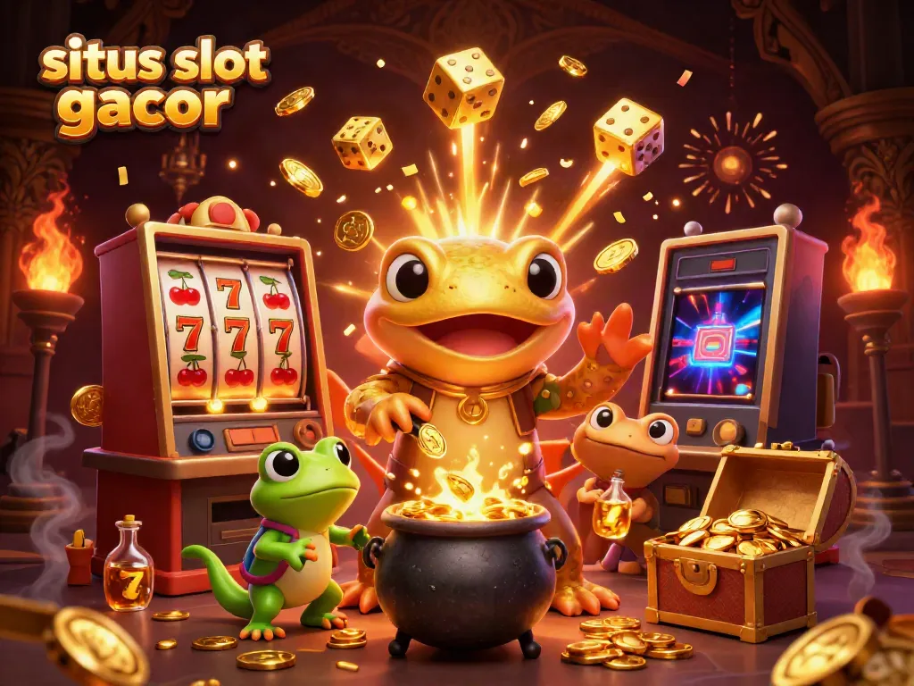 Experience the excitement of situs slot gacor with vibrant characters and dynamic slot game elements exploding with gold.