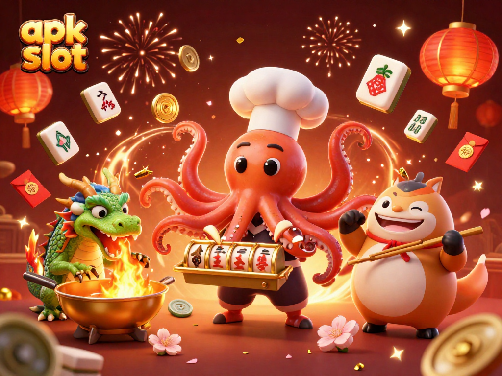 Menggenggam apk slot, chef sushi cumi 3D, naga hijau, dan pelanggan tanuki dalam suasana kasino yang berkeceriaan.