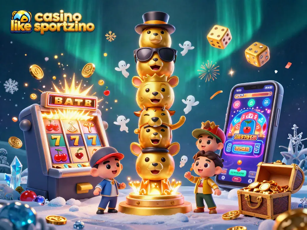 Experience excitement at a casino like sportzino with vibrant slot machines and playful totem pole characters.