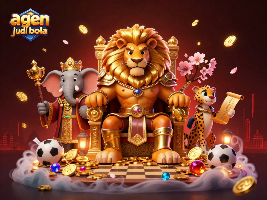 Experience thrilling sports betting excitement with agen judi bola featuring a lion king, wise elephant, and cheetah in a vibrant scene.