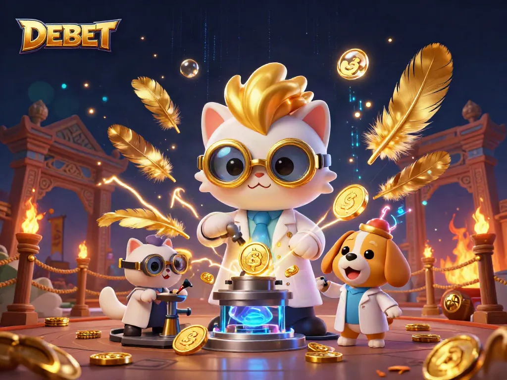 Engage with DEBET's thrilling gaming scene featuring a mad scientist cat and loyal assistant.