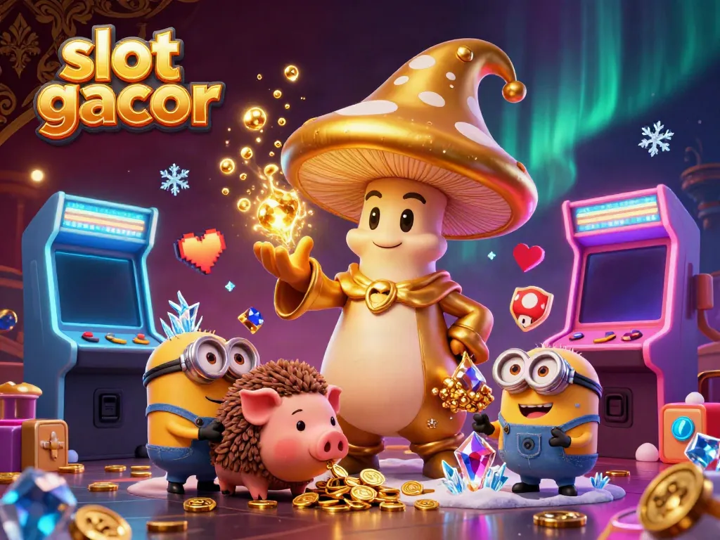 Karakter slot gacor baru dengan wizard jamur emas dan pig truffle menemukan harta karun di kasino 3D.