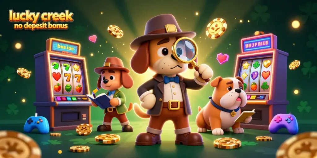 Experience the thrill of gaming with lucky creek no deposit bonus, featuring animated characters and vibrant casino elements.
