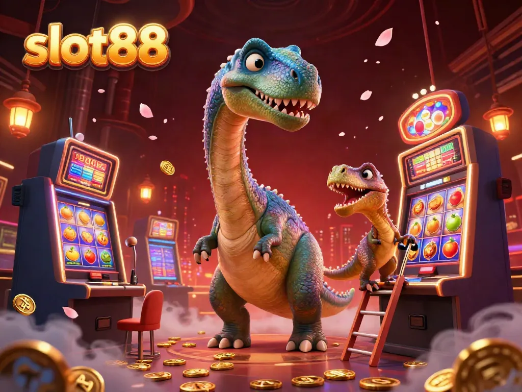 Slot88 merasakan kegembiraan mesin slot dengan brontosaurus raksasa dan raptor dalam suasana kasino.
