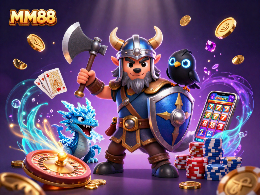Experience the thrill of MM88 with a heroic Viking wolf warrior and a fierce dragon in a vibrant casino scene.