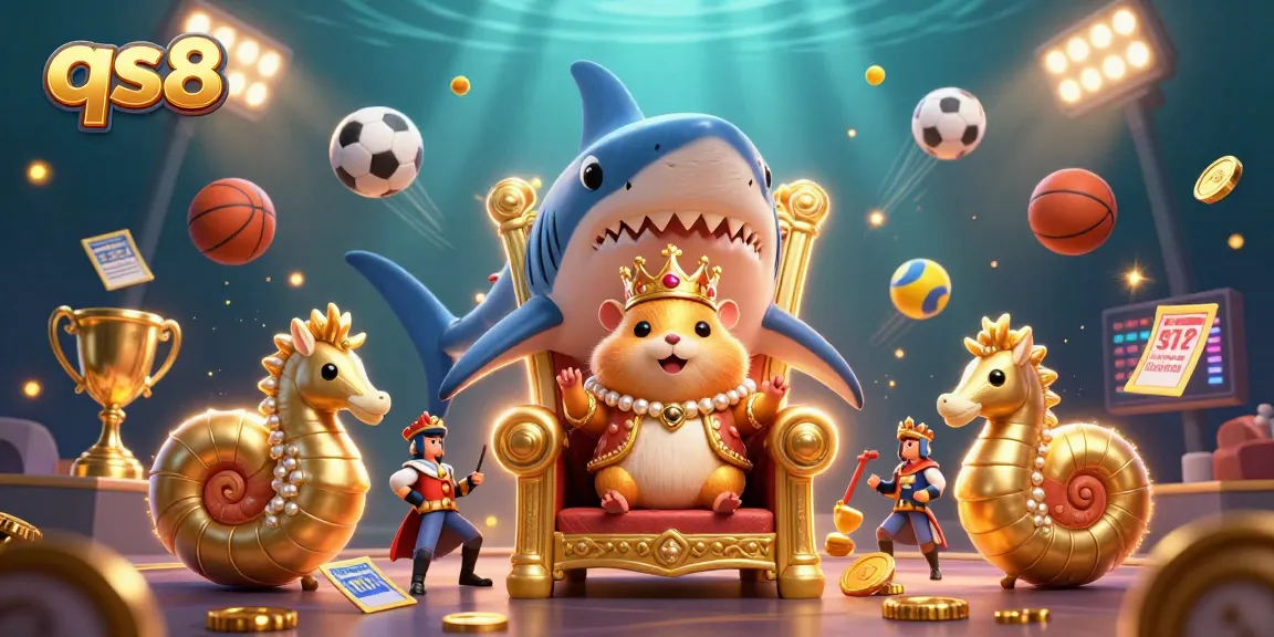 Engage in thrilling action at qs88 with a golden hamster king on a megalodon throne amidst a vibrant underwater casino.