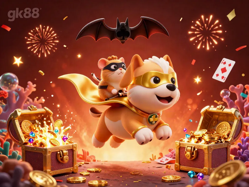 Experience thrilling gaming at gk88 with a superhero dog flying amidst a dynamic casino-inspired adventure.