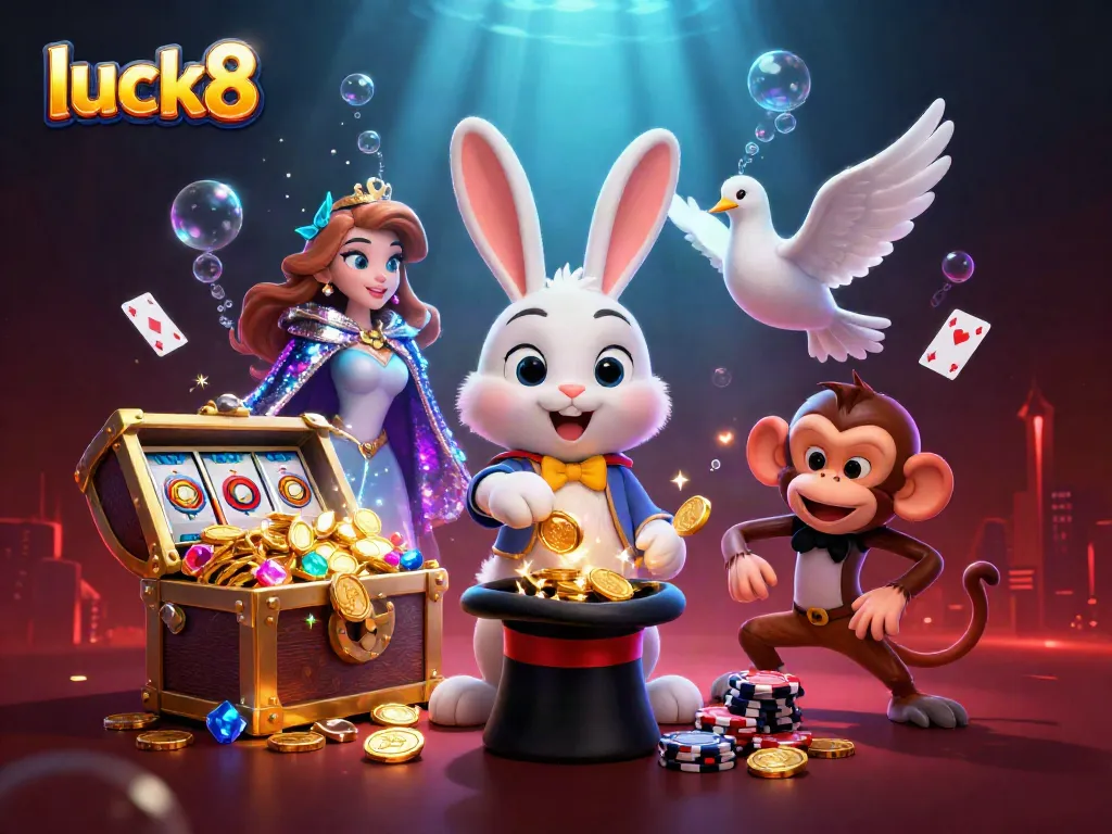 Experience exhilarating wins at luck8 with vibrant gaming elements and animated characters in a magical casino setting.