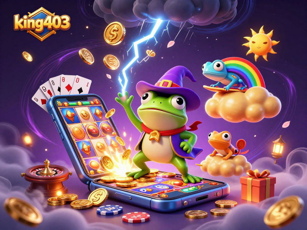 Experience the excitement of king403 as the weather wizard frog conjures golden coins amidst animated casino elements.