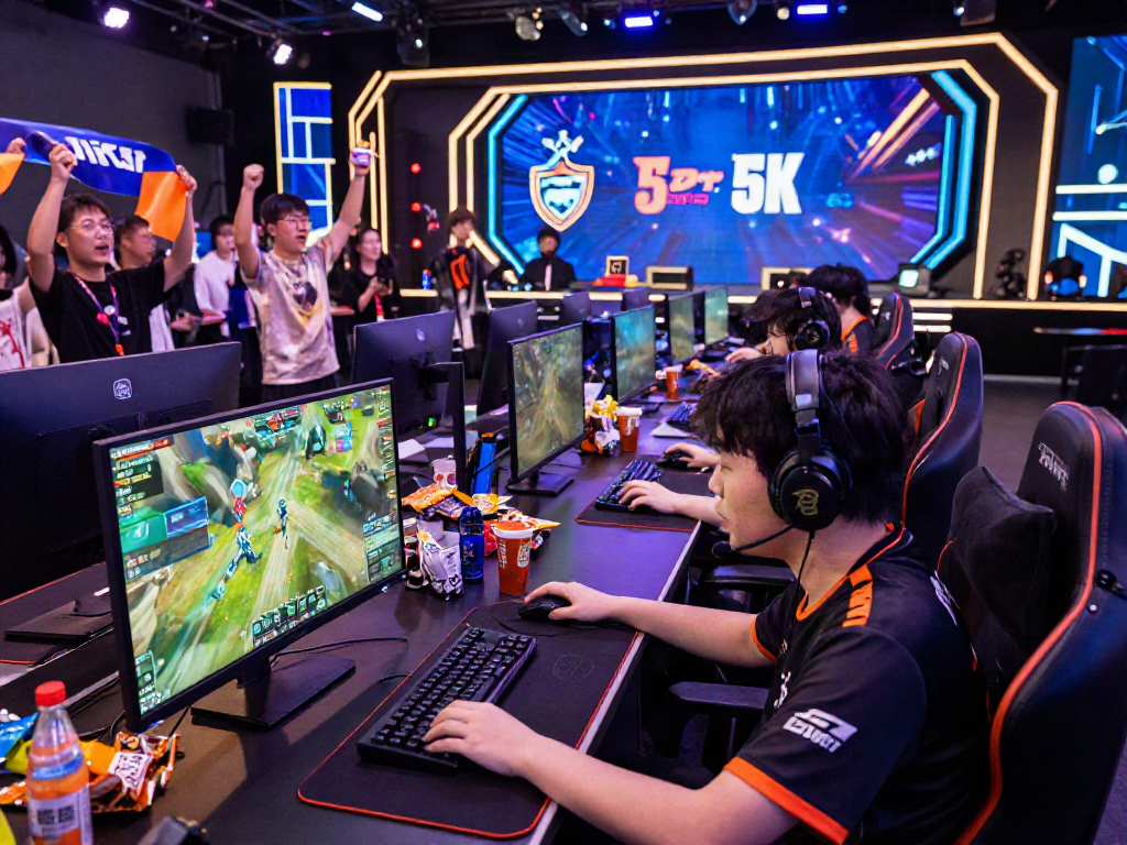 Exciting slot 5k gaming tournament scene with players and high-tech setups.