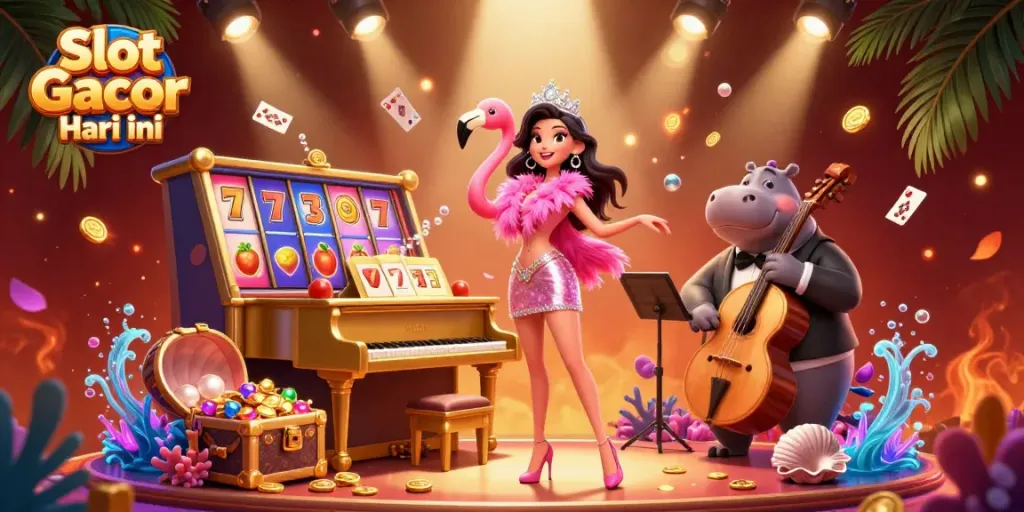 Win big with Slot Gacor Hari ini, featuring a vibrant casino scene with lively characters.