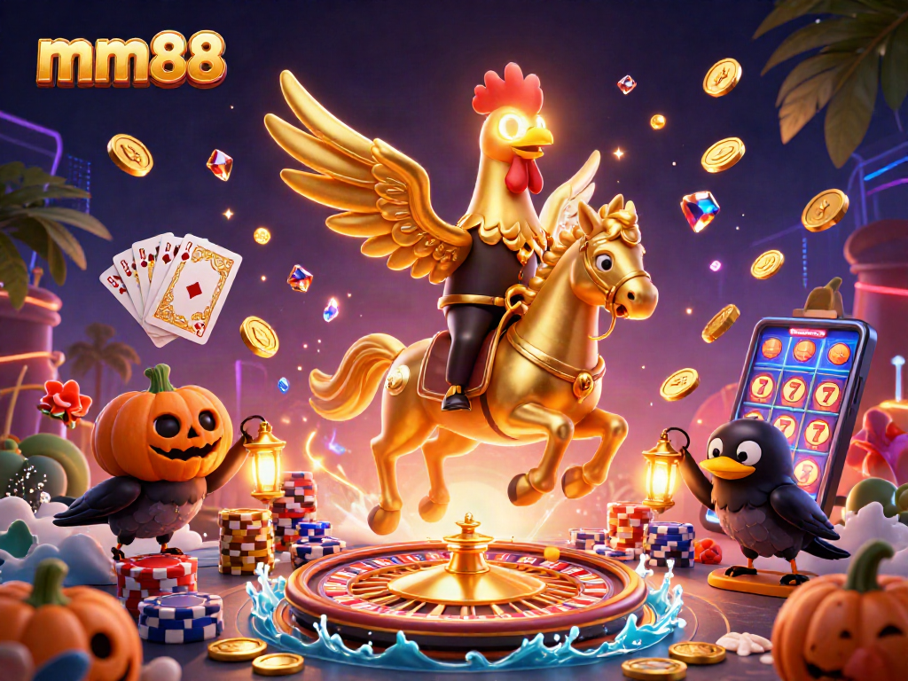 Win big at mm88 with a golden rooster and spectral horse in a vibrant casino scene