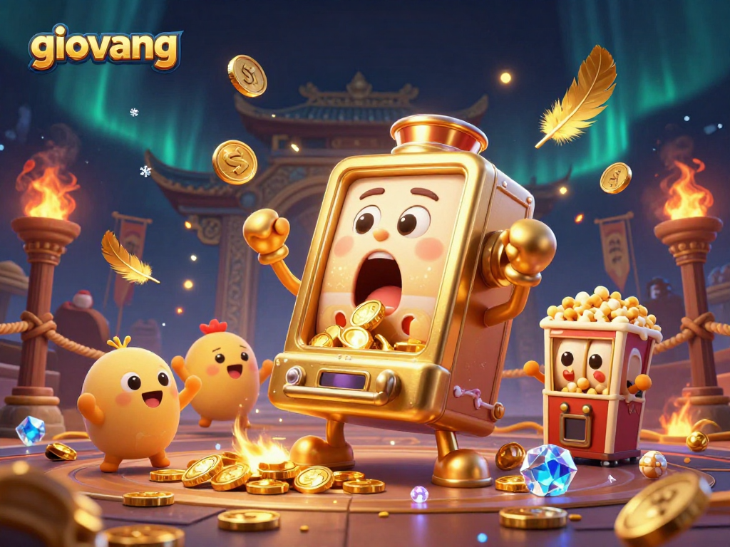 Experience giovang with thrilling gameplay as the golden slot machine hits a jackpot, surrounded by excitement.