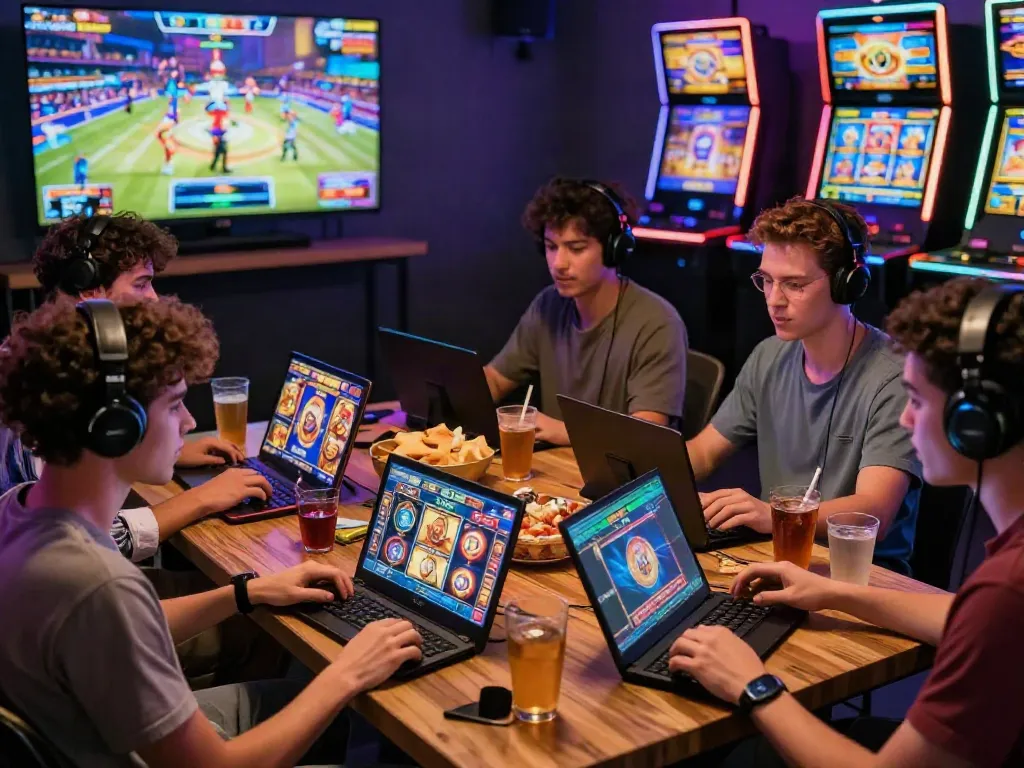 Friends enjoying popular slot games in a lively gaming atmosphere.
