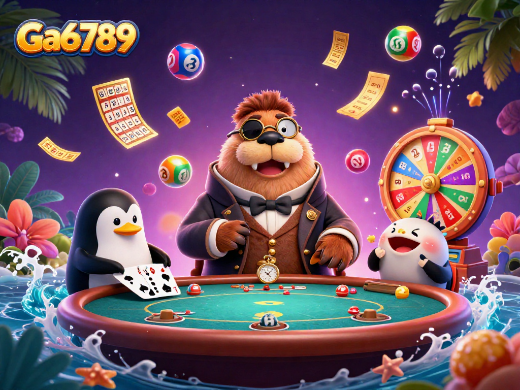 Join the fun at Ga6789 with a whimsical underwater poker game featuring colorful lottery elements.