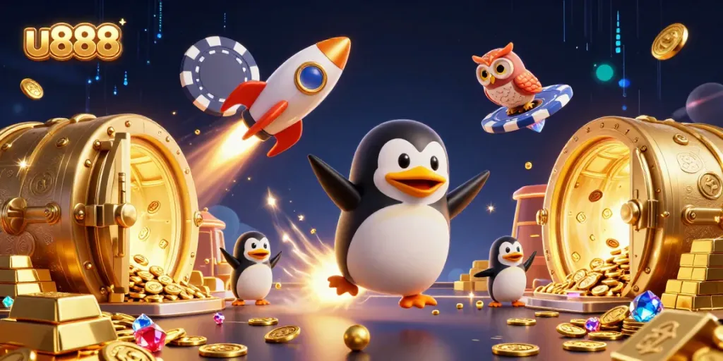 Experience thrilling gaming adventures with u888's cartoon rocket penguin and casino treasures.