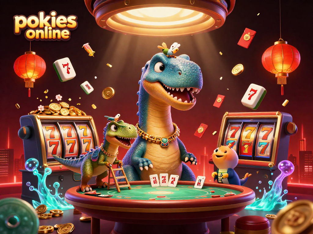 Engage in pokies online excitement with a giant brontosaurus and clever raptor in a vibrant casino scene.