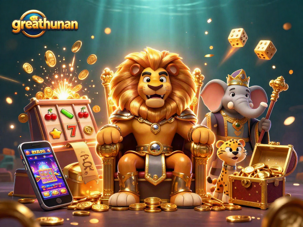 Experience thrilling jackpots at greathunan with a lion king ruling over a vibrant casino realm.