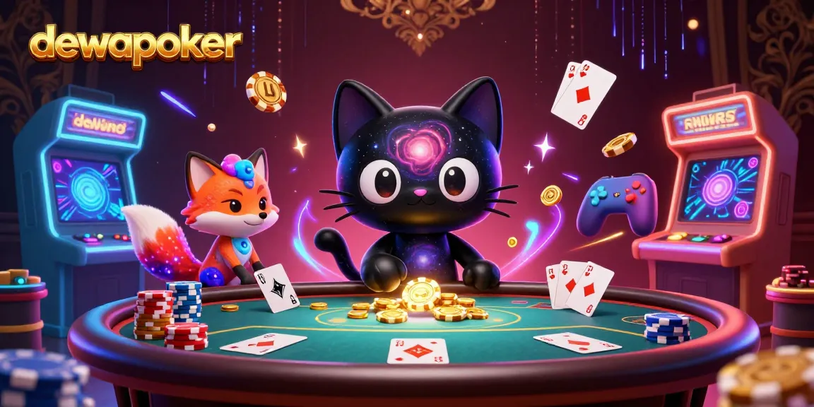 Dewapoker scene featuring a black hole cat pulling in poker chips and cards, ideal for gamblers.