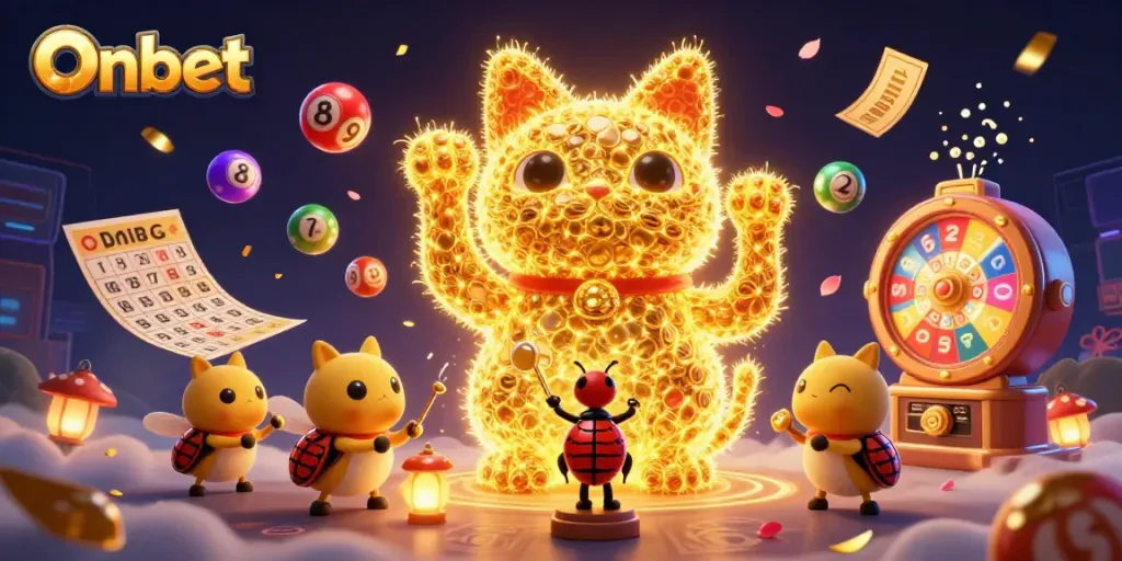Engage with Onbet's vibrant casino scene featuring a lucky cat, colorful lottery balls, and dynamic prize elements.