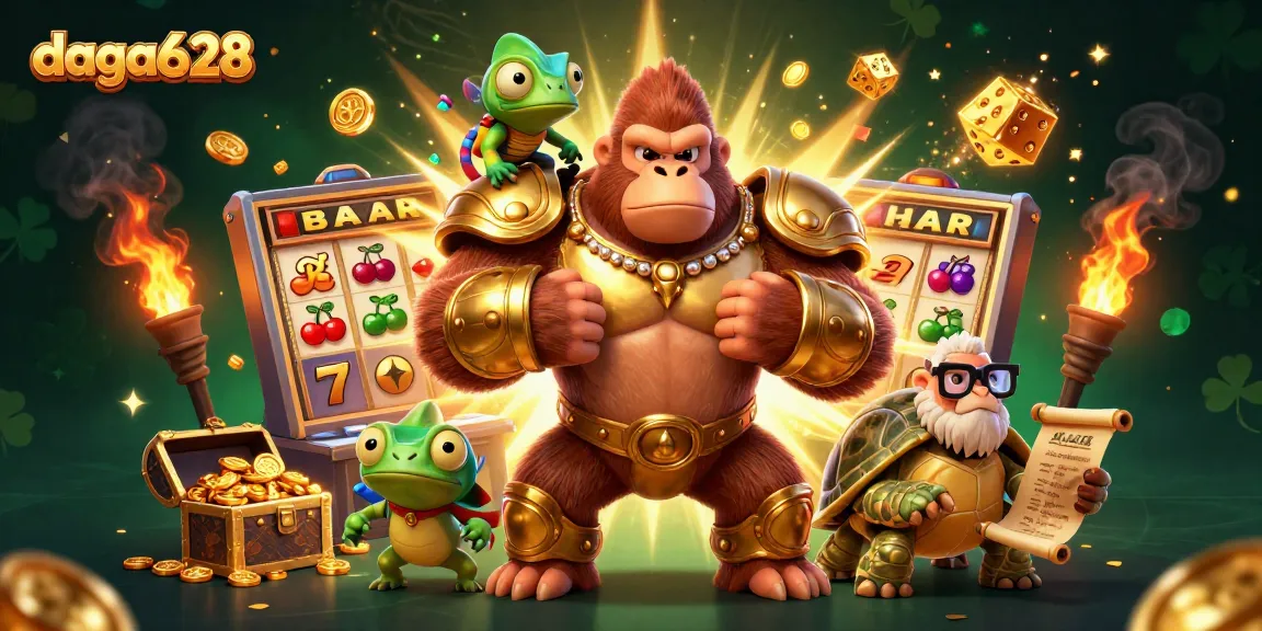 Dive into daga628's thrilling world of online gaming, featuring colorful slot machines, vibrant coins, and lively cartoon characters.