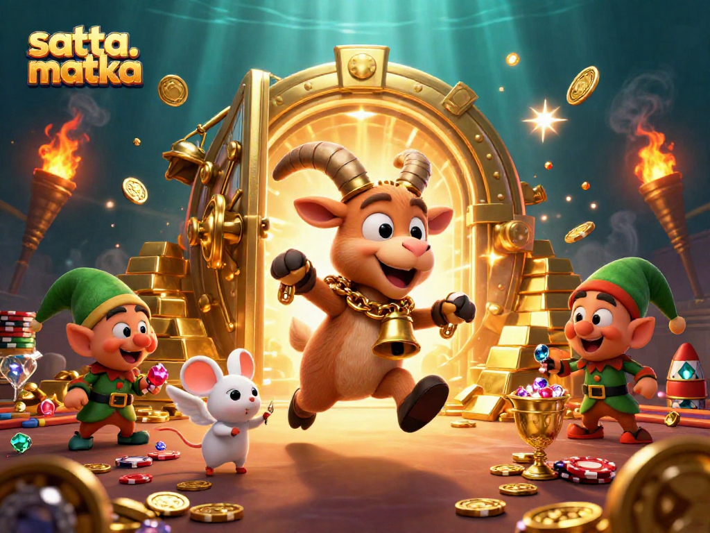 Engaging scene depicting satta. matka with Krampus goat, angel mouse, and elf gremlins in a vibrant casino atmosphere.