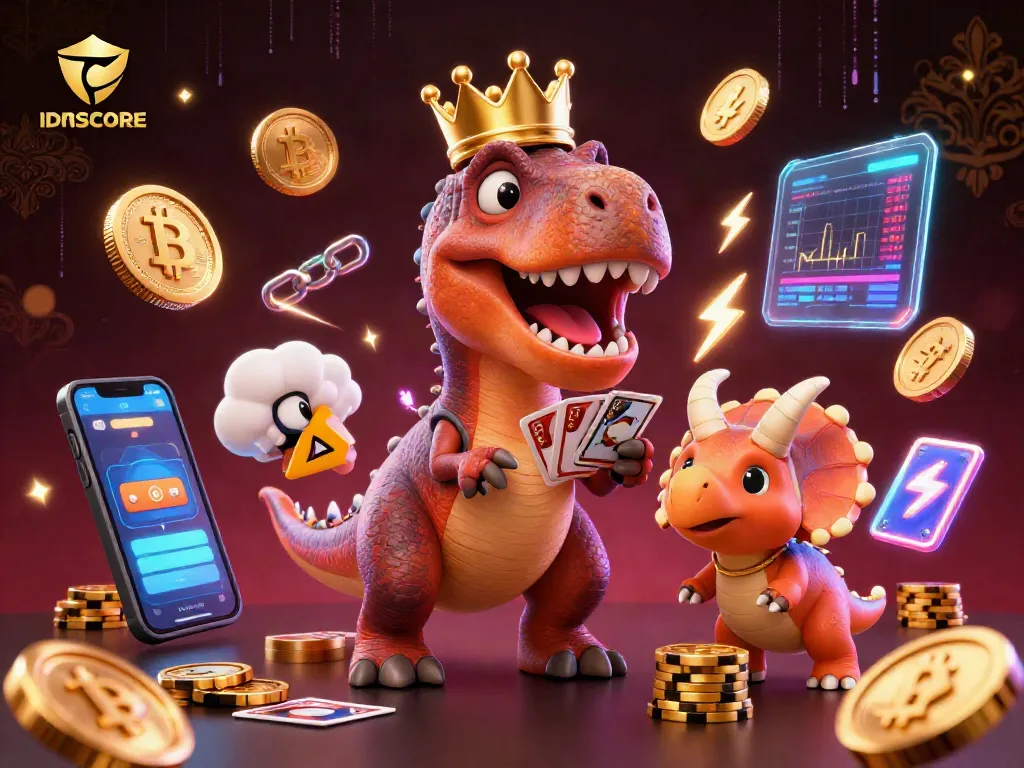 IDNSCORE showcases a vibrant casino scene with a T-Rex, pterodactyl, and triceratops sharing thrilling betting action.