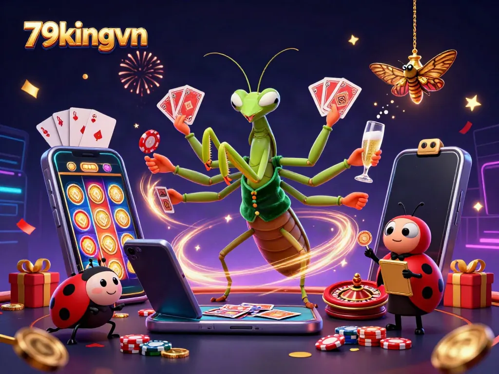 Engage in exciting games at 79kingvn, featuring colorful slot gameplay, vibrant casino elements, and lively characters.