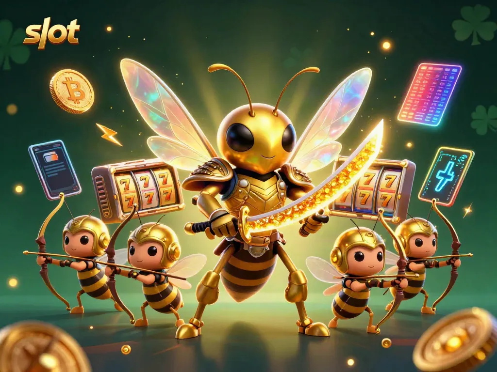 Spin the slot reels to win as a giant golden hornet in samurai armor leads a bee archery squad.