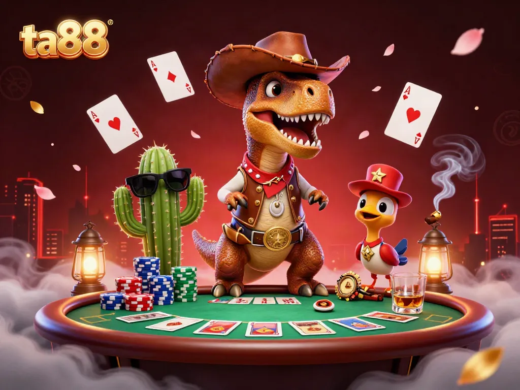 Experience ta88's thrilling casino scene with a T-Rex and friends around a vibrant poker table.