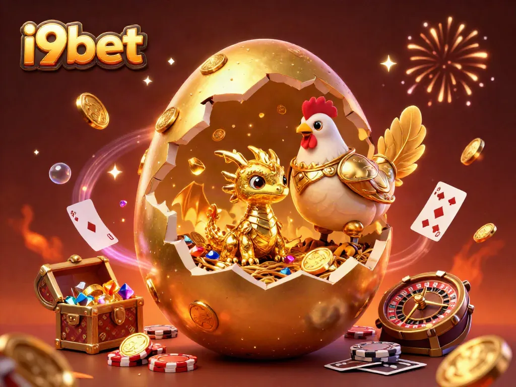 Engaging scene of i9bet showcasing a golden baby dragon, poker chips, and a roulette wheel, representing a vibrant casino atmosphere