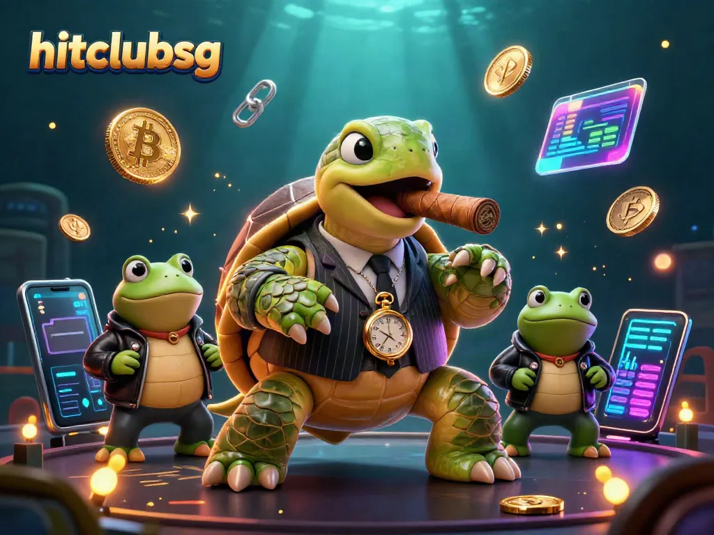 Engage with hitclubsg in a vibrant casino scene with a cartoon snapping turtle and bullfrog enforcers amid cryptocurrency elements.