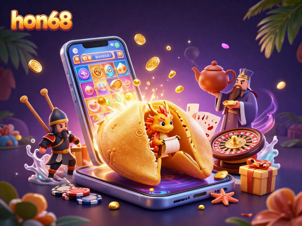Experience the thrill of hon68 casino with a vibrant 3D illustration of fortune, games, and golden prizes.
