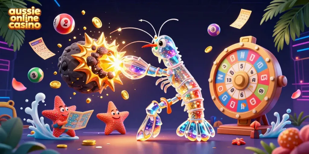 Aussie online casino features a galactic samurai mantis shrimp among bouncing lottery balls and golden prizes.