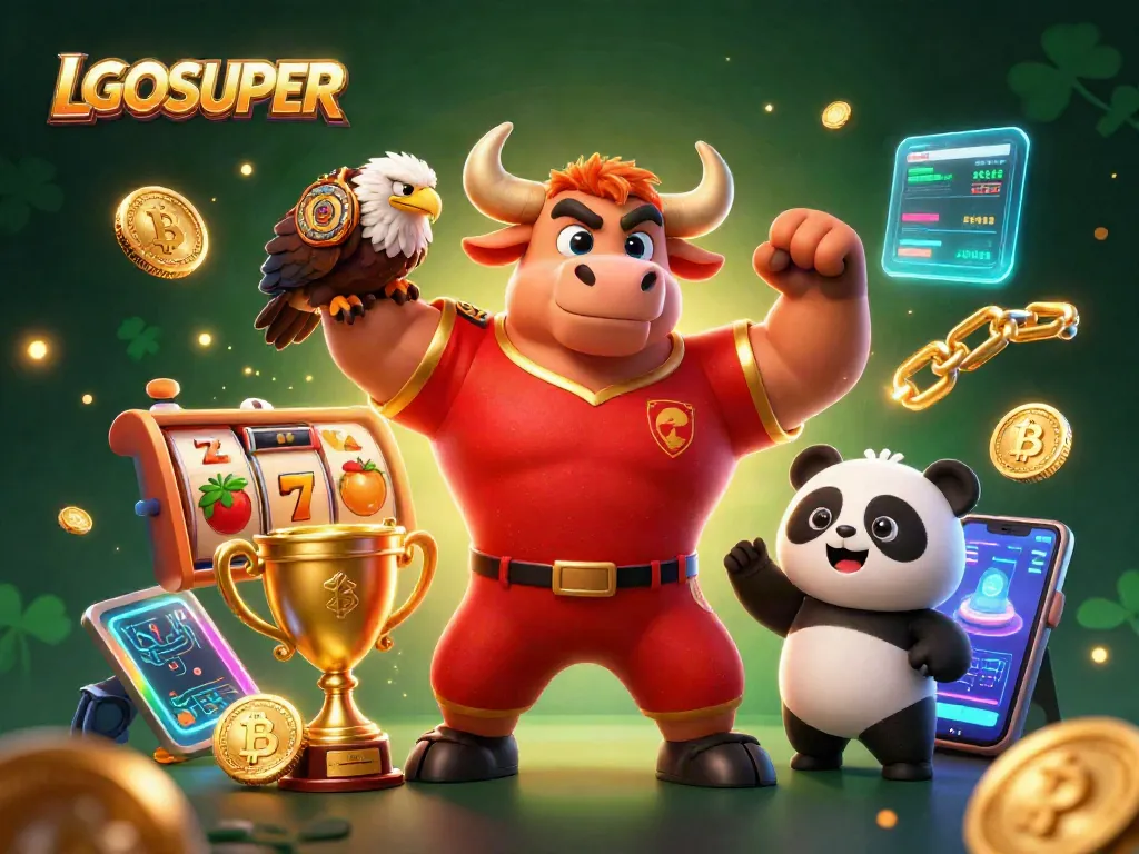 Play and win big with LGOSUPER featuring a muscular bull and panda amidst vibrant casino elements.
