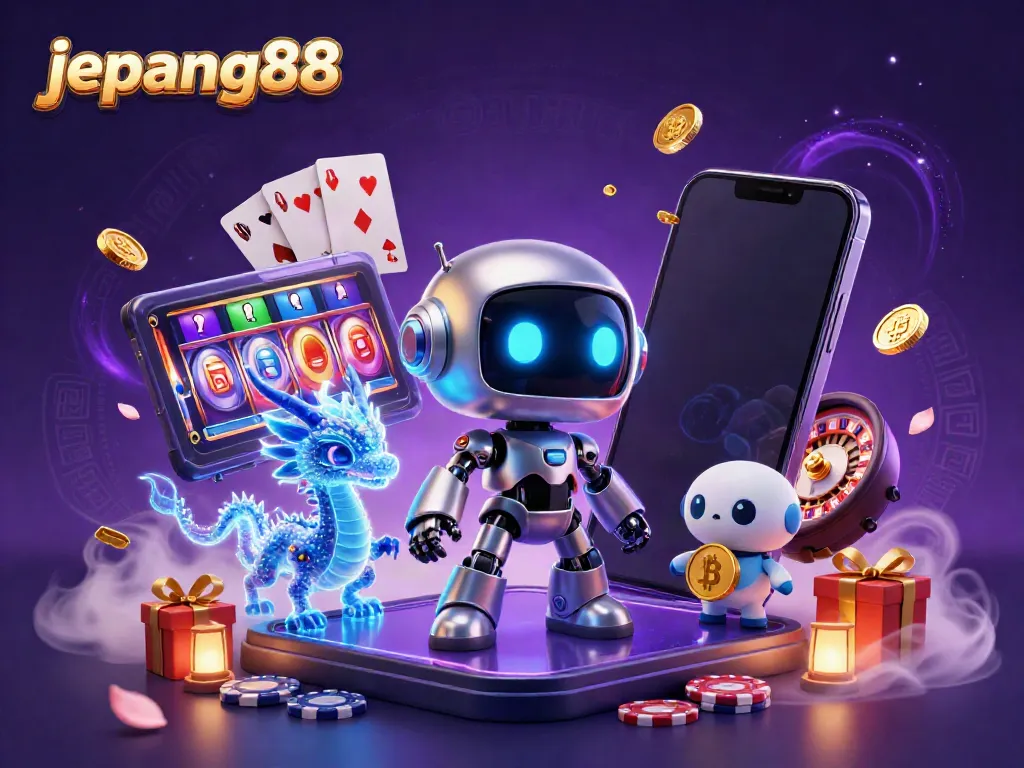 Play colorful slots and jackpots with jepang88 in a vibrant and dynamic gaming illustration.