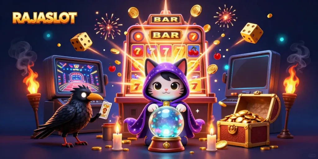 Menggandakan keseruan di RAJASLOT dengan banyak simbol slot dan jackpot yang muncul di sekitar karakter mistik.
