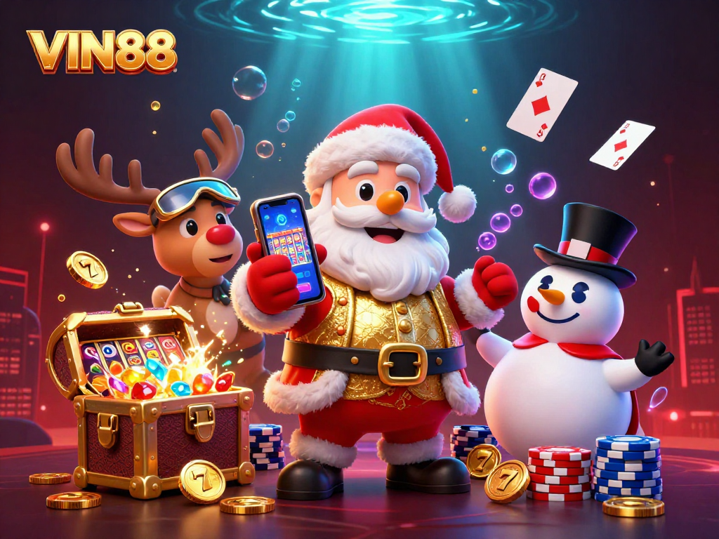 Play slots at VIN88 with festive characters in a lively casino scene