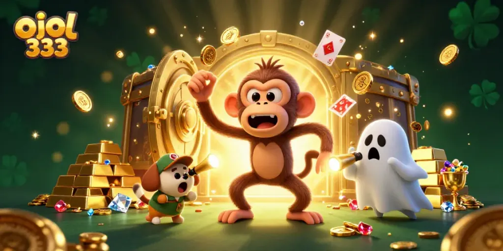 Experience the thrill of ojol 333 with playful characters in a vibrant casino scene.