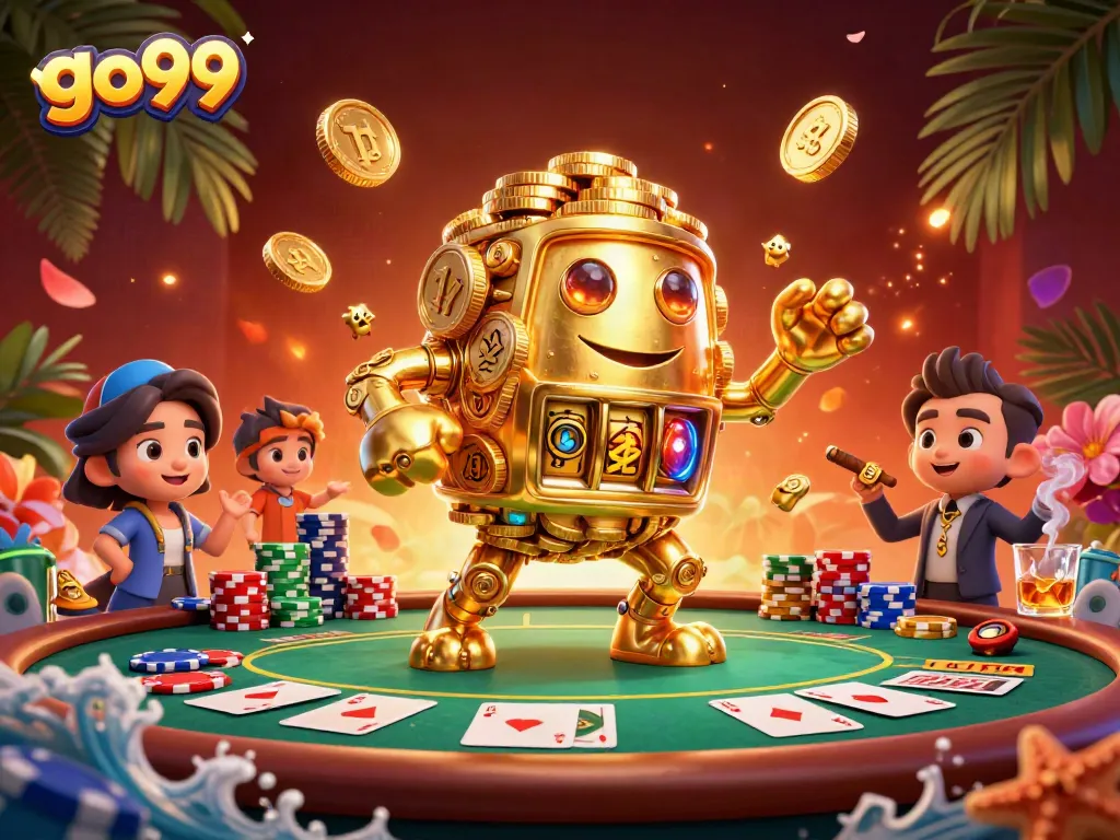 Experience thrilling casino action with go99, featuring a vibrant golden golem surrounded by poker excitement.