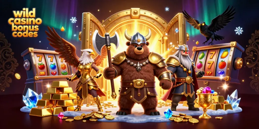 Win big with wild casino bonus codes in an exciting 3D casino-themed scene filled with treasure!