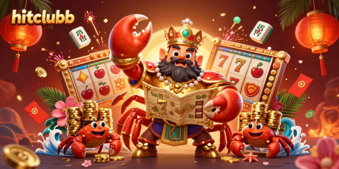 hitclubb showcases a dynamic golden crab emperor with treasures amidst vibrant gaming elements.