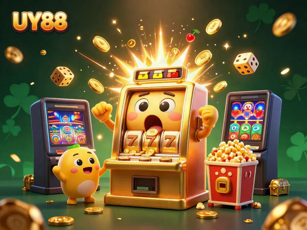 Experience the thrill of winning at UY88 with a cartoon slot machine celebrating a jackpot.