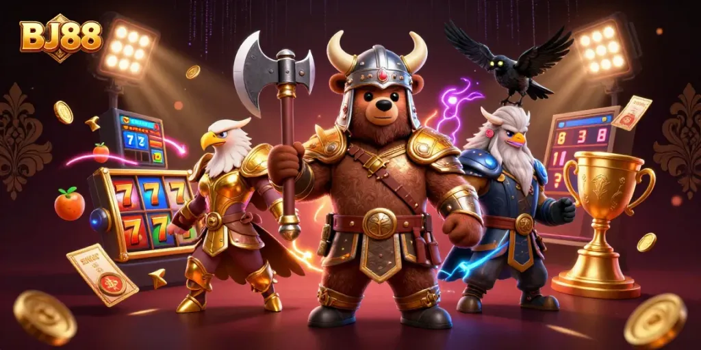BJ88 showcases an ultra-detailed 3D casino scene featuring a Viking bear and Valkyrie eagle amidst slot reels and golden coins.